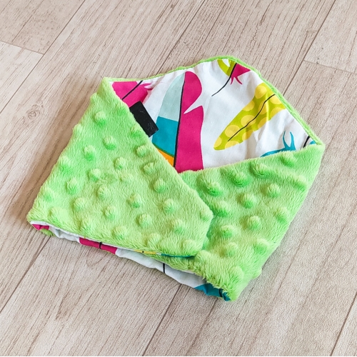 Ocieplacz dwustronny/ chustka dziecięca Minky + bawełna 100%- zielone piórka